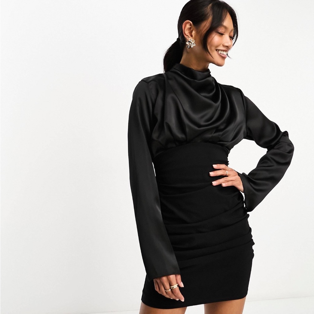 ASOS DESIGN high neck satin mini dress with structured skirt in black
